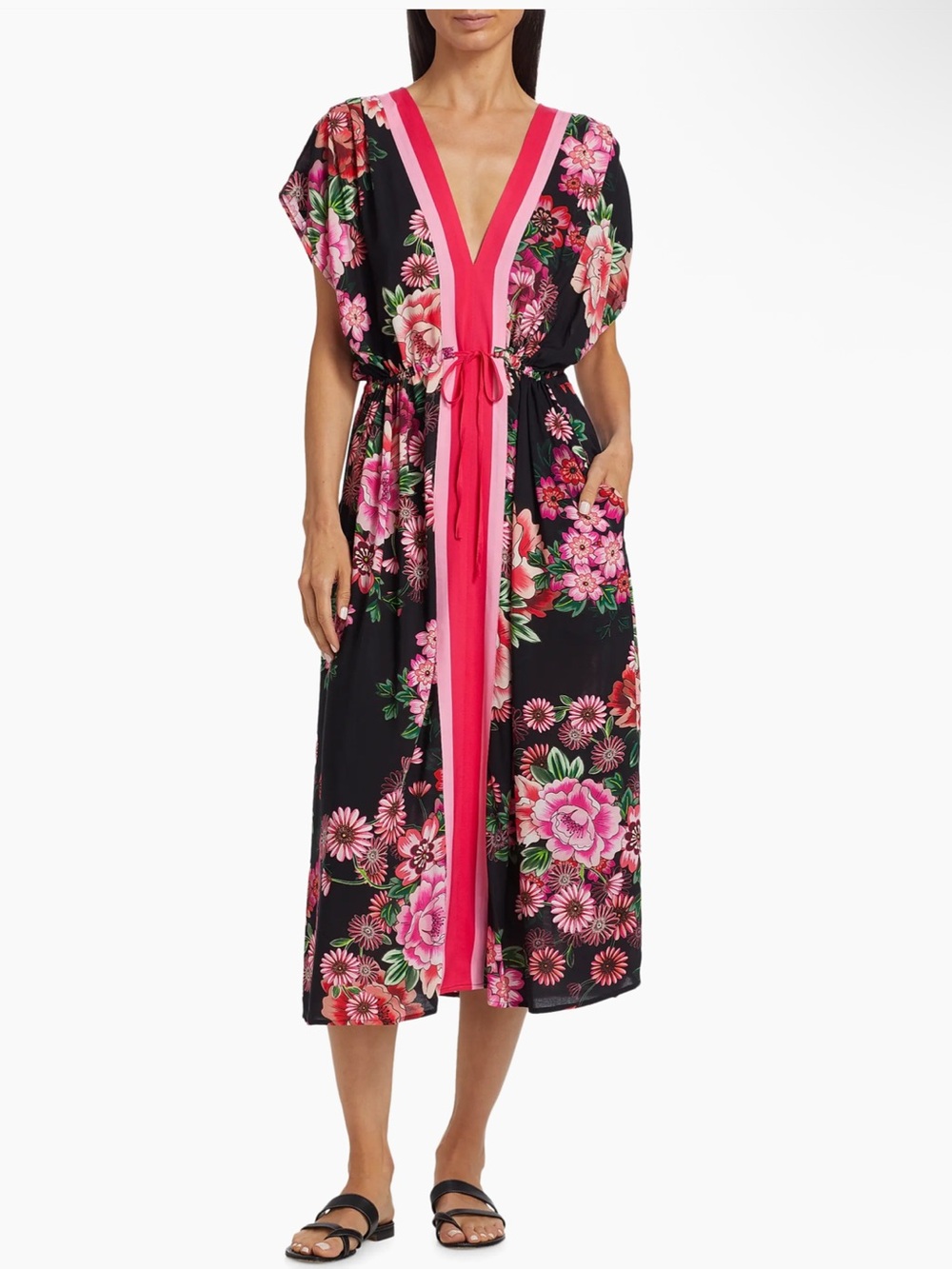 Johnny Was Pink and Black Floral Dress BLUM V‑NECK KAFTAN DRESS XS